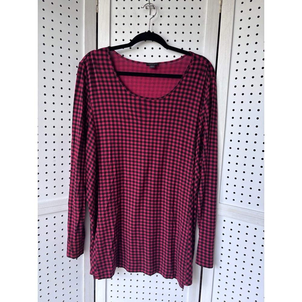 J Jill Wearever Collection Women's XL Red Black Check Long SLV Tunic Tee Rayon